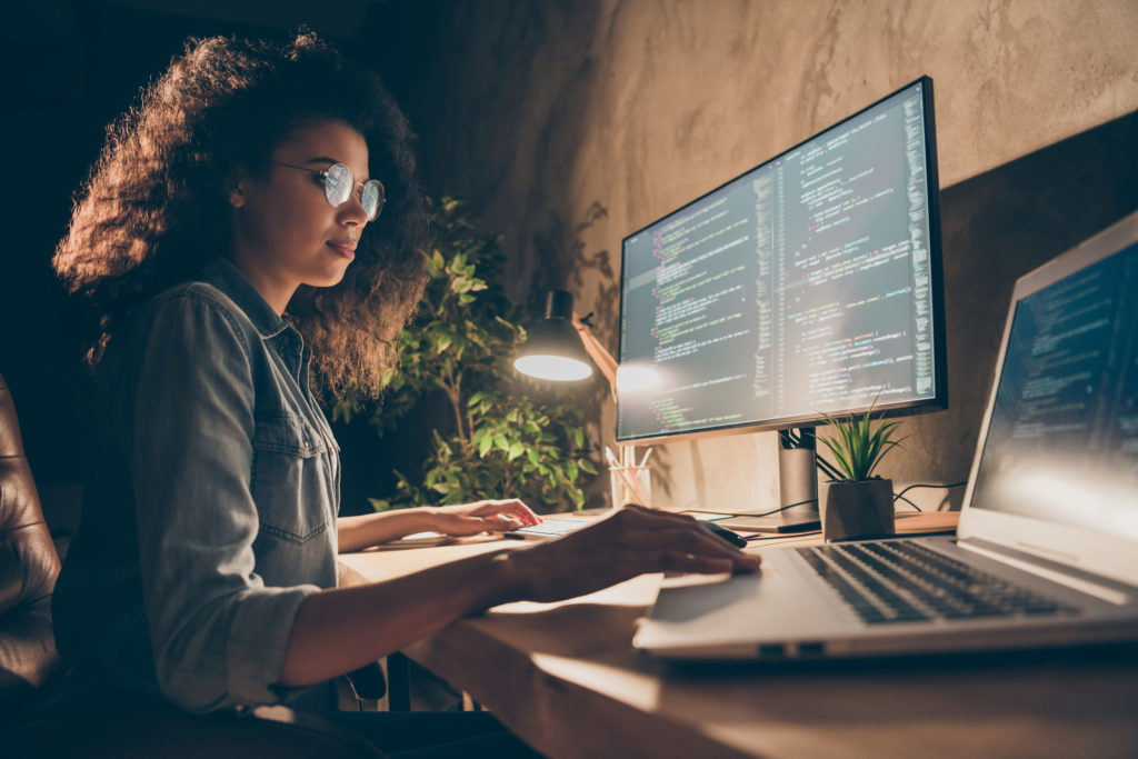 Profile side photo of concentrated skilled developer