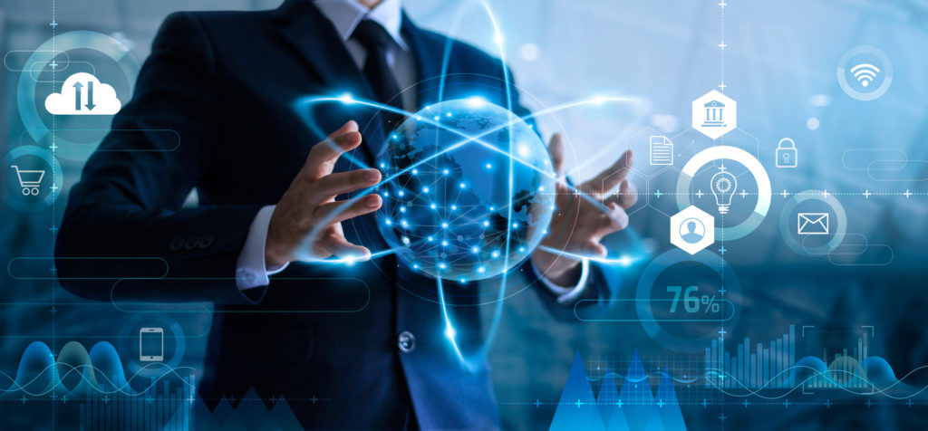 Global data network in the cloud; legacy system modernization concept.